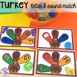 Turkey letter match puzzles.Thanksgiving and turkey themed activities and centers for preschool, pre-k, and kindergarten. (math, literacy, fine motor, character, and more).