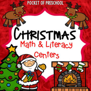 Math and literacy centers with a Christmas theme designed for preschool, pre-k, and kindergarten students