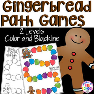 Path games with a gingerbread theme for open-ended games in a preschool, pre-k, and kindergarten room.