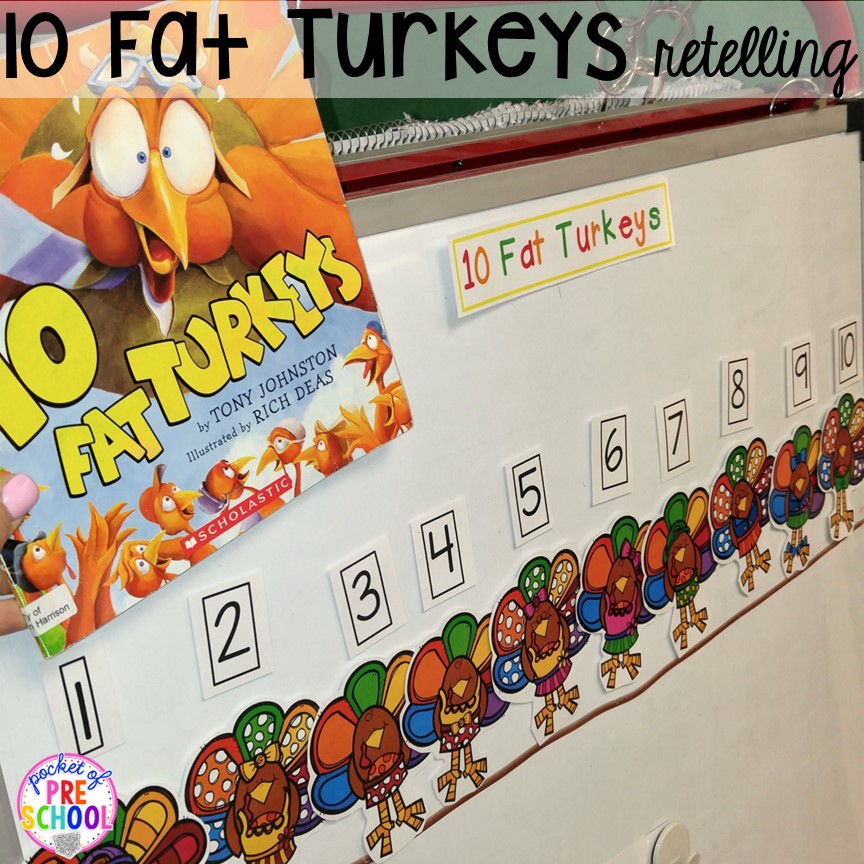 10 Fat Turkeys Retelling! Thanksgiving and turkey themed activities and centers for preschool, pre-k, and kindergarten. (math, literacy, fine motor, character, and more).