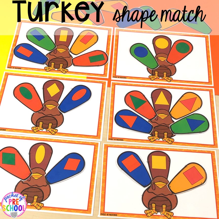 Turkey Shape Match! Thanksgiving and turkey themed activities and centers for preschool, pre-k, and kindergarten. (math, literacy, fine motor, character, and more).