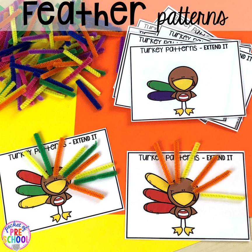 Turkey Feather Patterns! Thanksgiving and turkey themed activities and centers for preschool, pre-k, and kindergarten. (math, literacy, fine motor, character, and more).