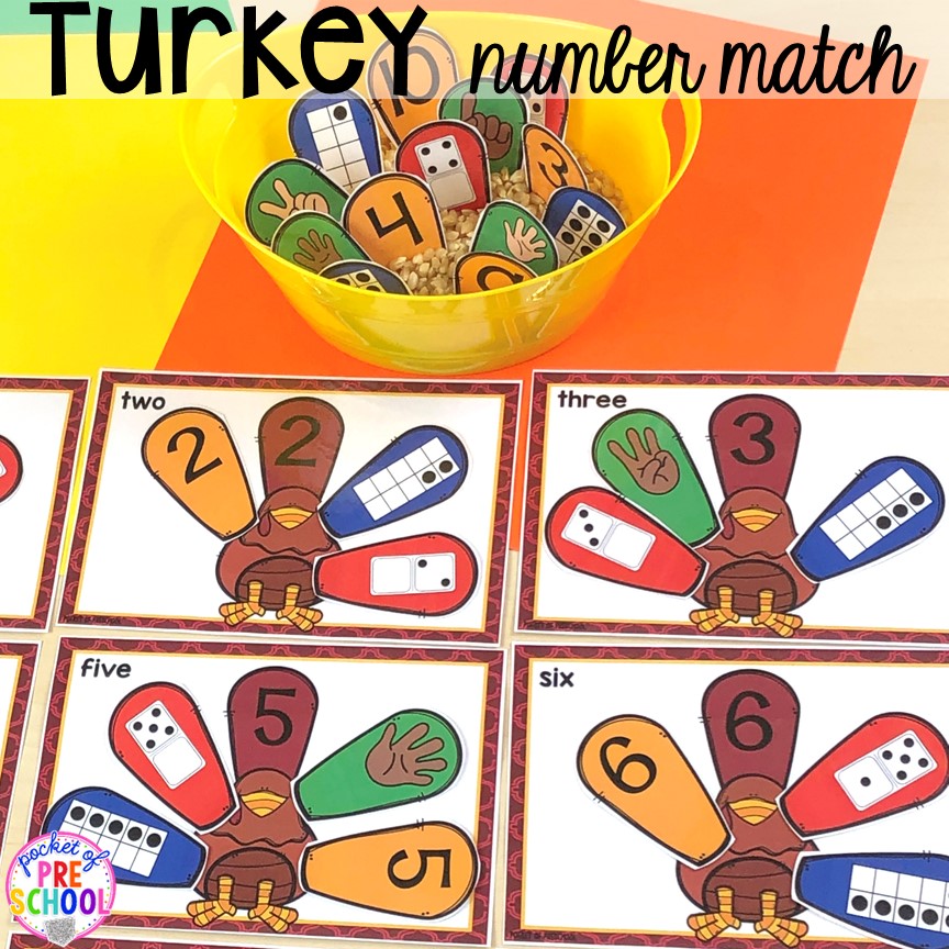 Turkey Number Match! Thanksgiving and turkey themed activities and centers for preschool, pre-k, and kindergarten. (math, literacy, fine motor, character, and more).