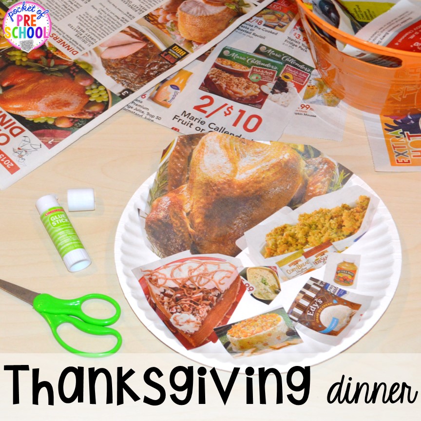 Thanksgiving Dinner Cutting Activity! Thanksgiving and turkey themed activities and centers for preschool, pre-k, and kindergarten. (math, literacy, fine motor, character, and more).