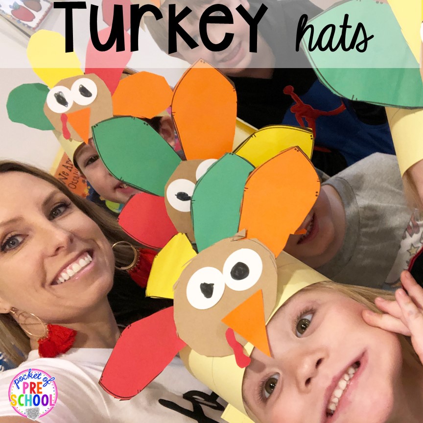Thanksgiving Turkey Hats! Thanksgiving and turkey themed activities and centers for preschool, pre-k, and kindergarten. (math, literacy, fine motor, character, and more).