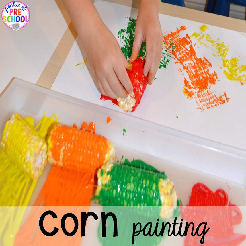 Corn Painting! Thanksgiving and turkey themed activities and centers for preschool, pre-k, and kindergarten. (math, literacy, fine motor, character, and more).