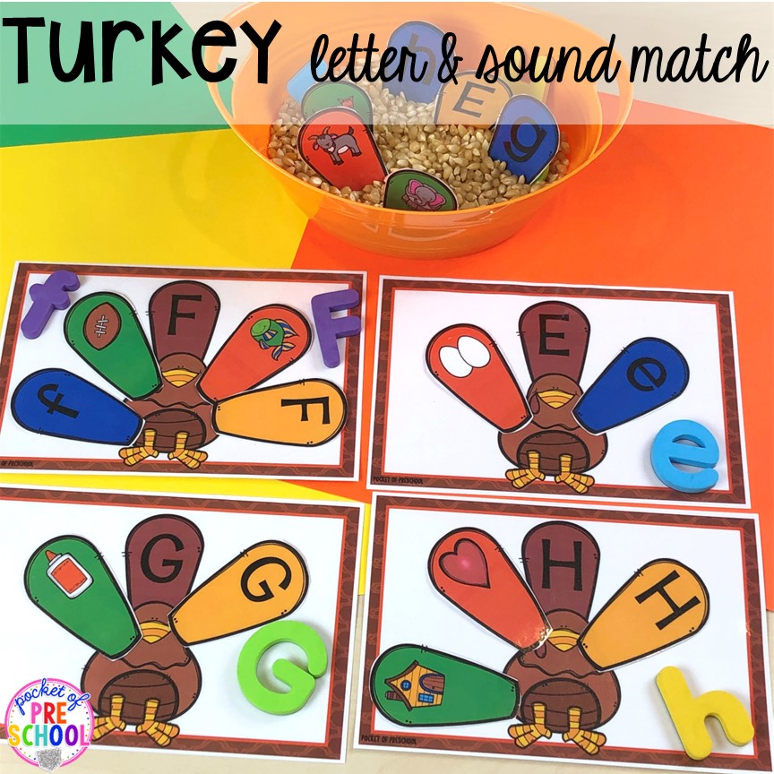 Turkey Letter and Sound Match! Thanksgiving and turkey themed activities and centers for preschool, pre-k, and kindergarten. (math, literacy, fine motor, character, and more).