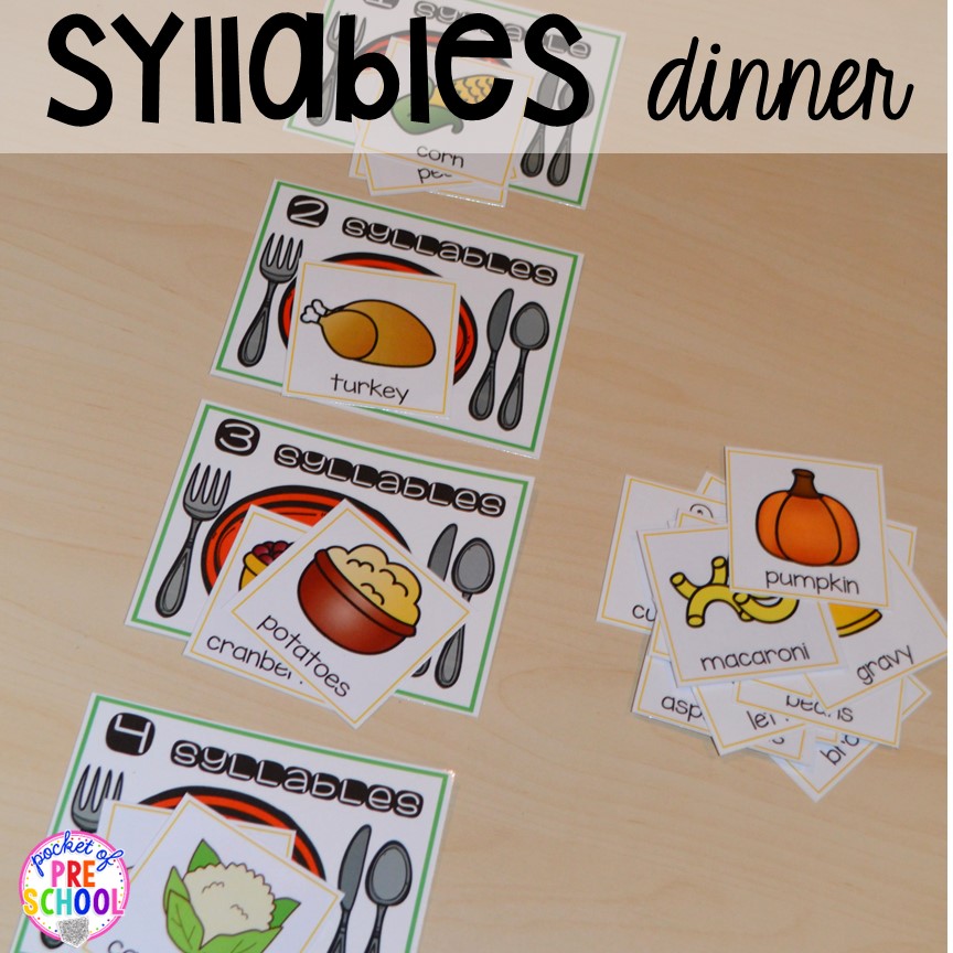 Thanksgiving Syllables Dinner! Thanksgiving and turkey themed activities and centers for preschool, pre-k, and kindergarten. (math, literacy, fine motor, character, and more).