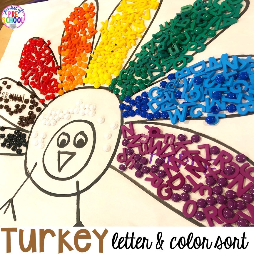 Turkey Letter & Color Sort! Thanksgiving and turkey themed activities and centers for preschool, pre-k, and kindergarten. (math, literacy, fine motor, character, and more).