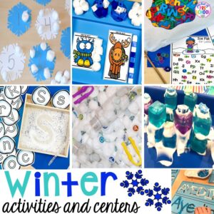 Winter themed activities and centers for math, literacy, writing, fine motor, art, sensory, blocks, and science for a preschool, pre-k. or kindergarten classroom. #winteractivities #wintercenters #preschool #prek