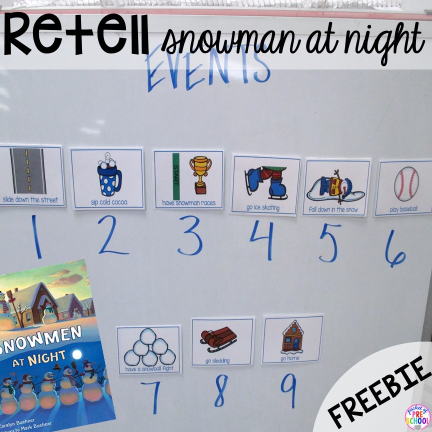 Snowman at Night story cards FREEBIE! Winter themed activities and centers for a preschool, pre-k. or kindergarten classroom. #winteractivities #wintercenters #preschool #prek