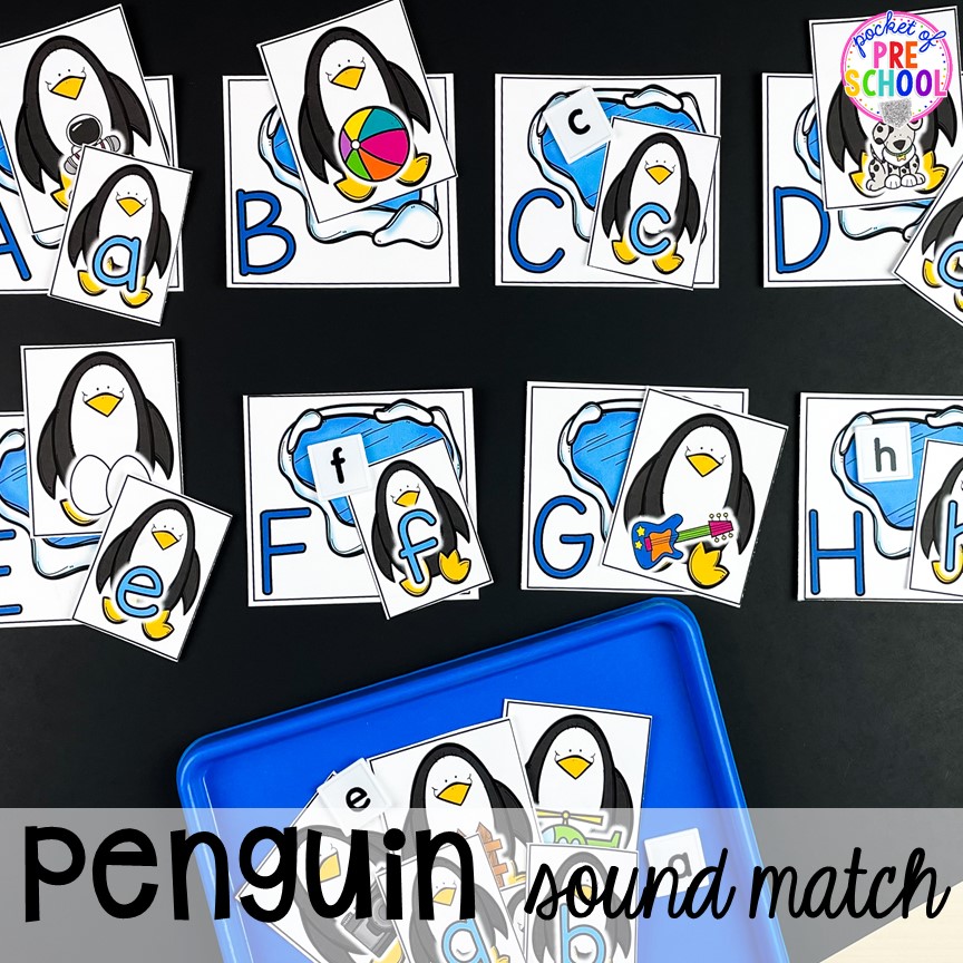 Penguin letter and sound match! Winter themed activities and centers for a preschool, pre-k. or kindergarten classroom. #winteractivities #wintercenters #preschool #prek