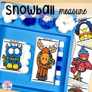 Snowball snow friends non-standard measurement activity! Winter themed activities and centers for a preschool, pre-k. or kindergarten classroom. #winteractivities #wintercenters #preschool #prek