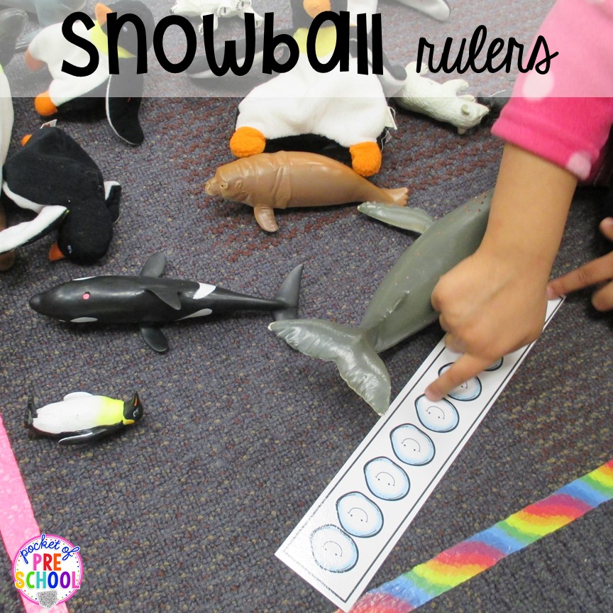 Measure with polar animals with snowball rulers! Winter themed activities and centers for a preschool, pre-k. or kindergarten classroom. #winteractivities #wintercenters #preschool #prek 