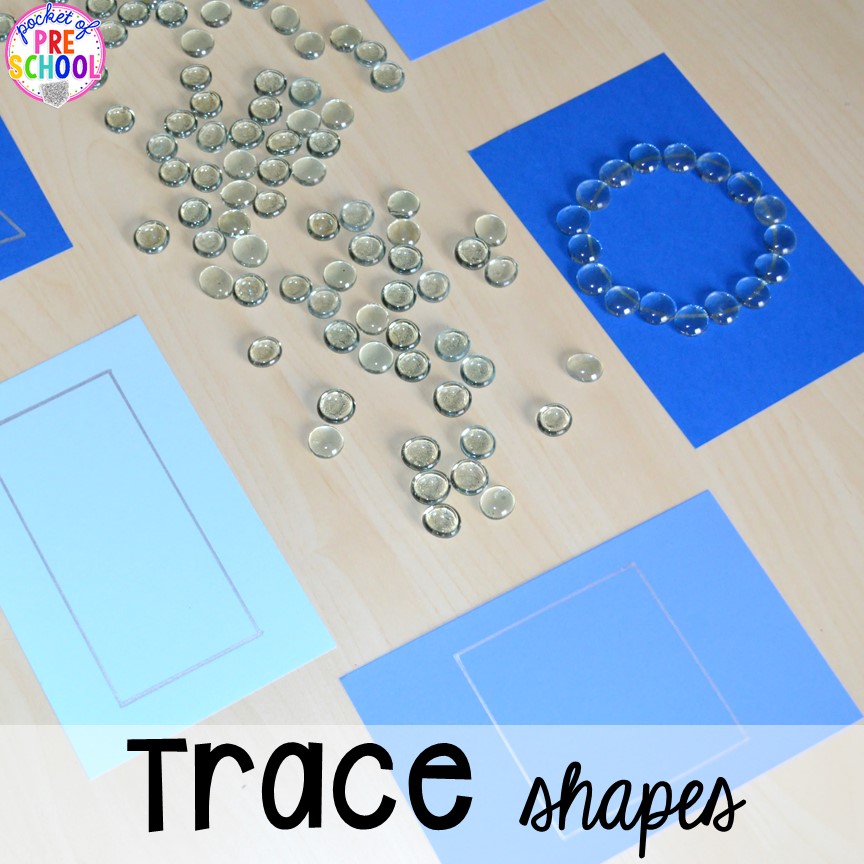 Trace 2D shapes with "ice"! Winter themed activities and centers for a preschool, pre-k. or kindergarten classroom. #winteractivities #wintercenters #preschool #prek