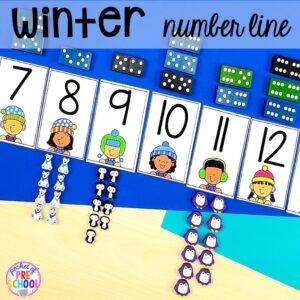 Winter number line with counters and dominoes. Winter themed activities and centers for a preschool, pre-k. or kindergarten classroom. #winteractivities #wintercenters #preschool #prek
