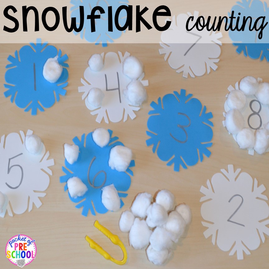 Snowflake counting activity! Winter themed activities and centers for a preschool, pre-k. or kindergarten classroom. #winteractivities #wintercenters #preschool #prek 