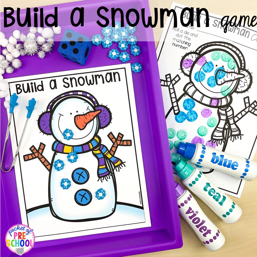 Build a snowman counting game! Winter themed activities and centers for a preschool, pre-k. or kindergarten classroom. #winteractivities #wintercenters #preschool #prek 