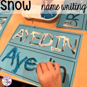 Snow name writing activity! Winter themed activities and centers for a preschool, pre-k. or kindergarten classroom. #winteractivities #wintercenters #preschool #prek