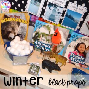 Winter block center props and STEM challenges! Winter themed activities and centers for a preschool, pre-k. or kindergarten classroom. #winteractivities #wintercenters #preschool #prek