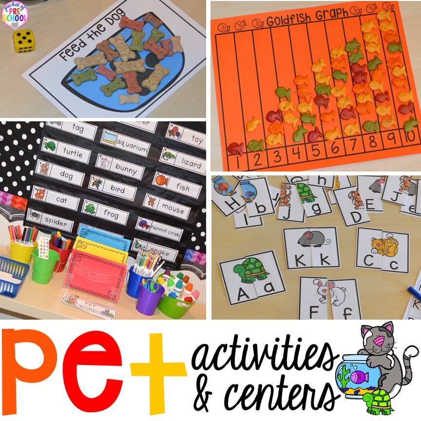 Pet themed activities for preschool, pre-k, and kindergarten. Goldfish graph FREEBIES too.