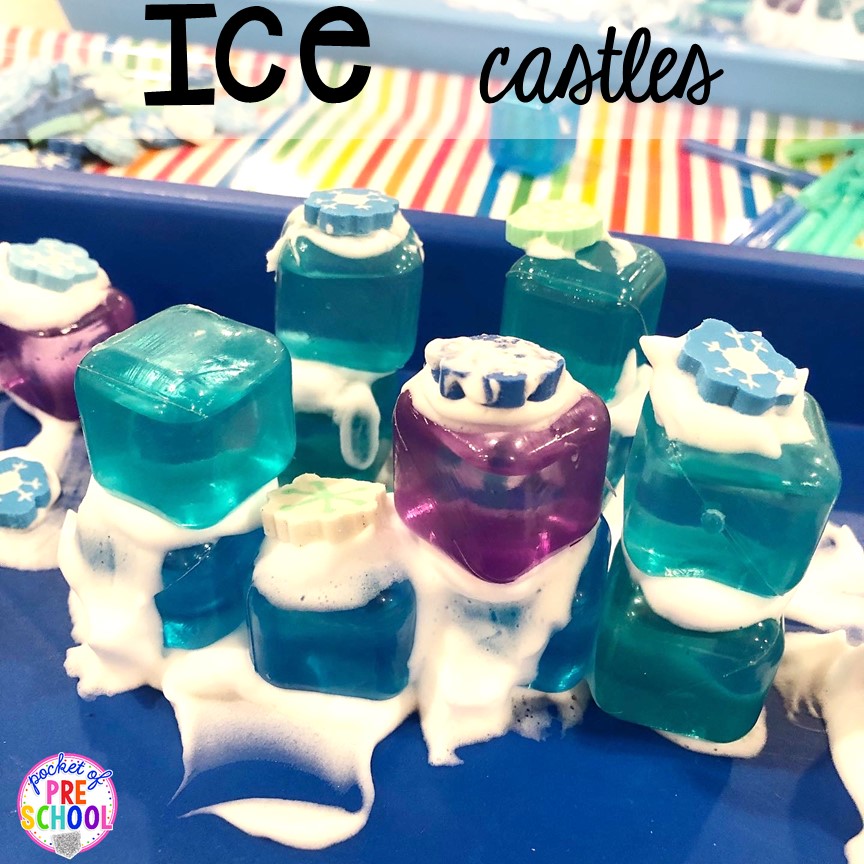 Ice castles with shaving cream and ice cubes! Winter themed activities and centers for a preschool, pre-k. or kindergarten classroom. #winteractivities #wintercenters #preschool #prek