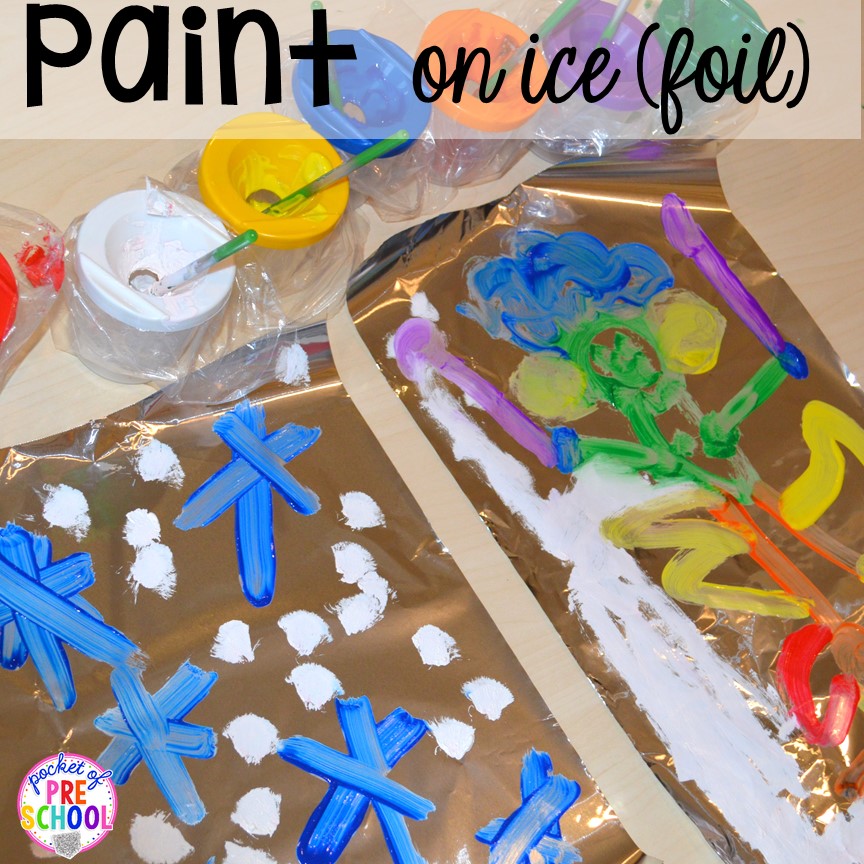 Paint on "ice" (foil)! Winter themed activities and centers for a preschool, pre-k. or kindergarten classroom. #winteractivities #wintercenters #preschool #prek