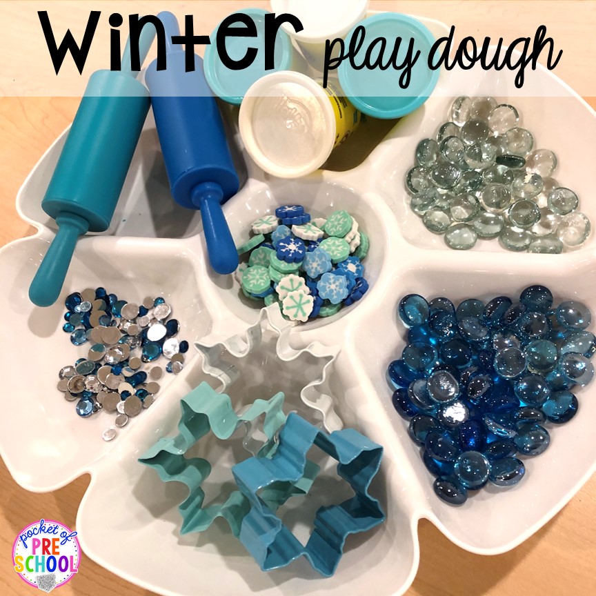 Winter play dough tray! Winter themed activities and centers for a preschool, pre-k. or kindergarten classroom. #winteractivities #wintercenters #preschool #prek