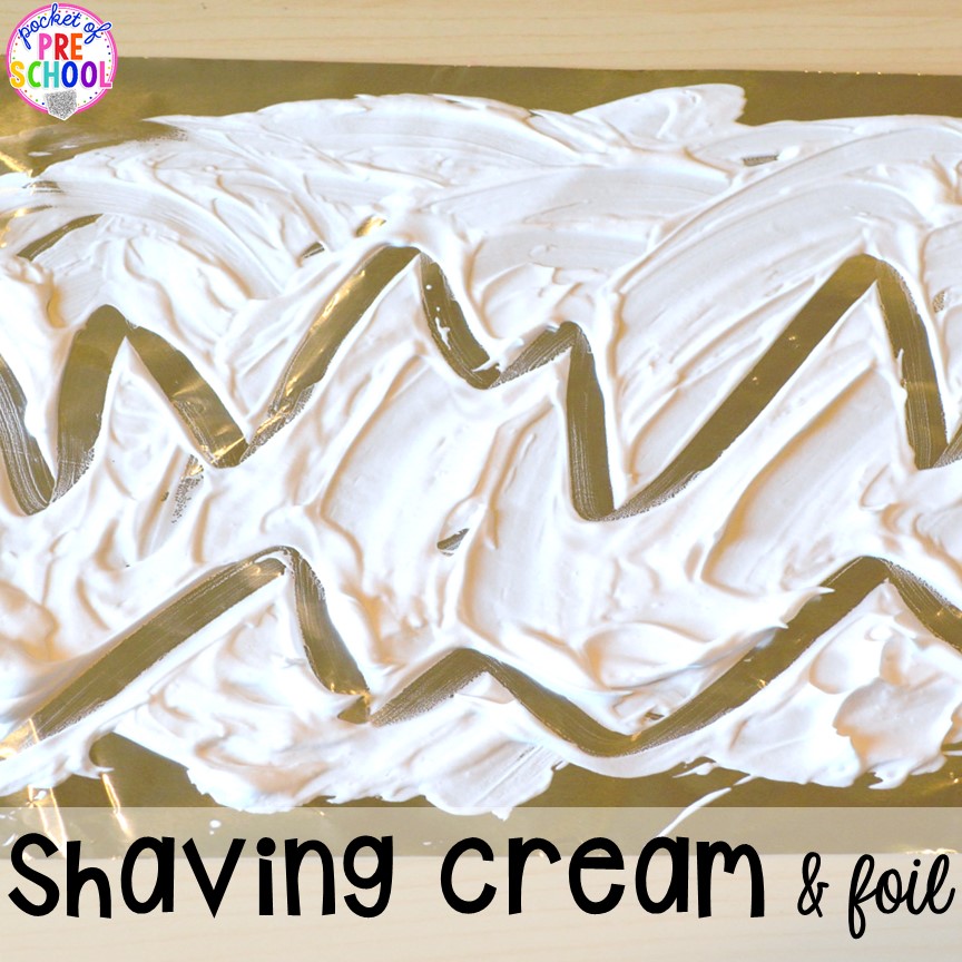 Shaving cream and foil pre-writing sensory activity! Winter themed activities and centers for a preschool, pre-k. or kindergarten classroom. #winteractivities #wintercenters #preschool #prek 