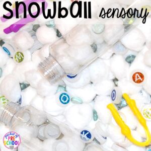 Snowball winter sensory table! Winter themed activities and centers for a preschool, pre-k. or kindergarten classroom. #winteractivities #wintercenters #preschool #prek