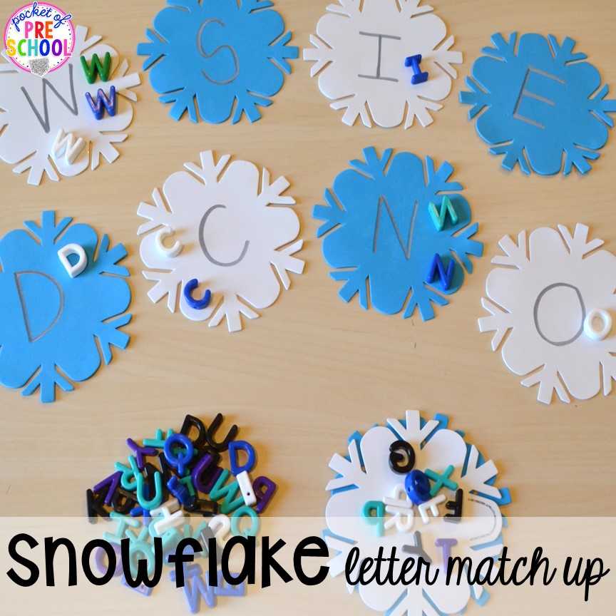 Snowflake letter match up! Winter themed activities and centers for a preschool, pre-k. or kindergarten classroom. #winteractivities #wintercenters #preschool #prek