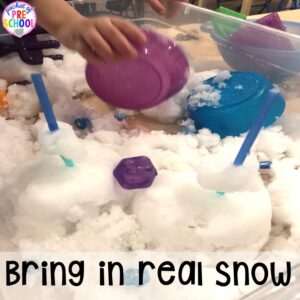 Real sow sensory play! Winter themed activities and centers for a preschool, pre-k. or kindergarten classroom. #winteractivities #wintercenters #preschool #prek
