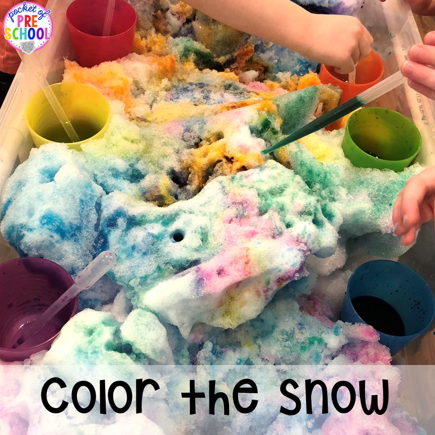 Paint the snow with liquid watercolors! Winter themed activities and centers for a preschool, pre-k. or kindergarten classroom. #winteractivities #wintercenters #preschool #prek 