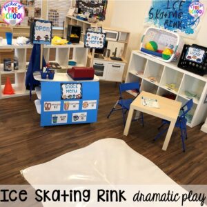 Ice skating rink dramatic play! Winter themed activities and centers for a preschool, pre-k. or kindergarten classroom. #winteractivities #wintercenters #preschool #prek