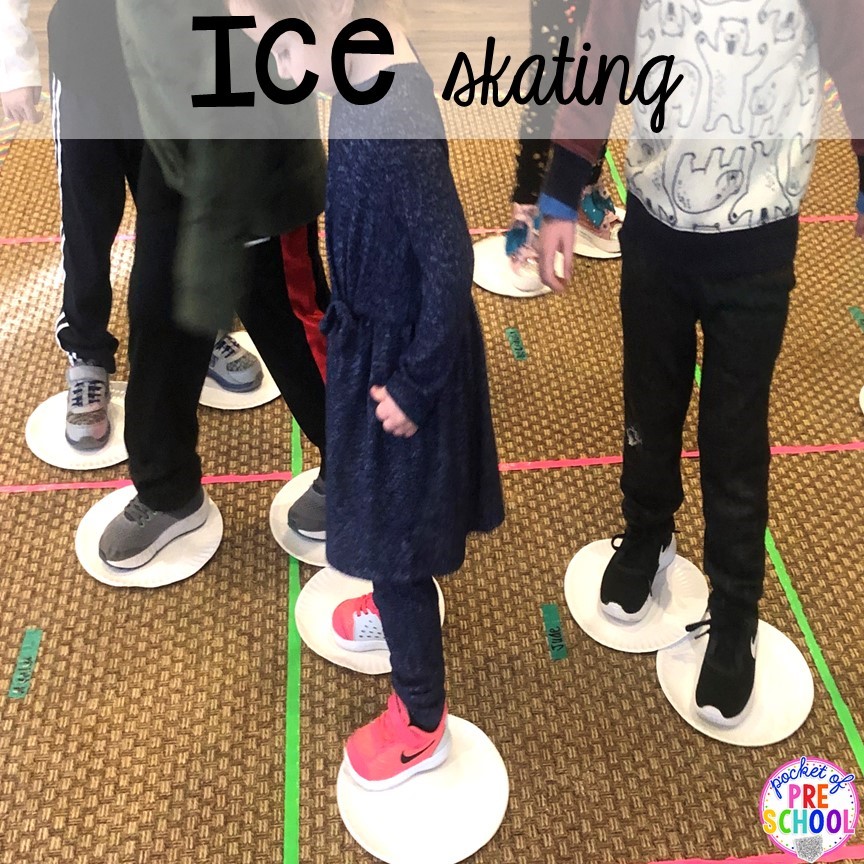 Gross motor ice skating with paper plates! Winter themed activities and centers for a preschool, pre-k. or kindergarten classroom. #winteractivities #wintercenters #preschool #prek