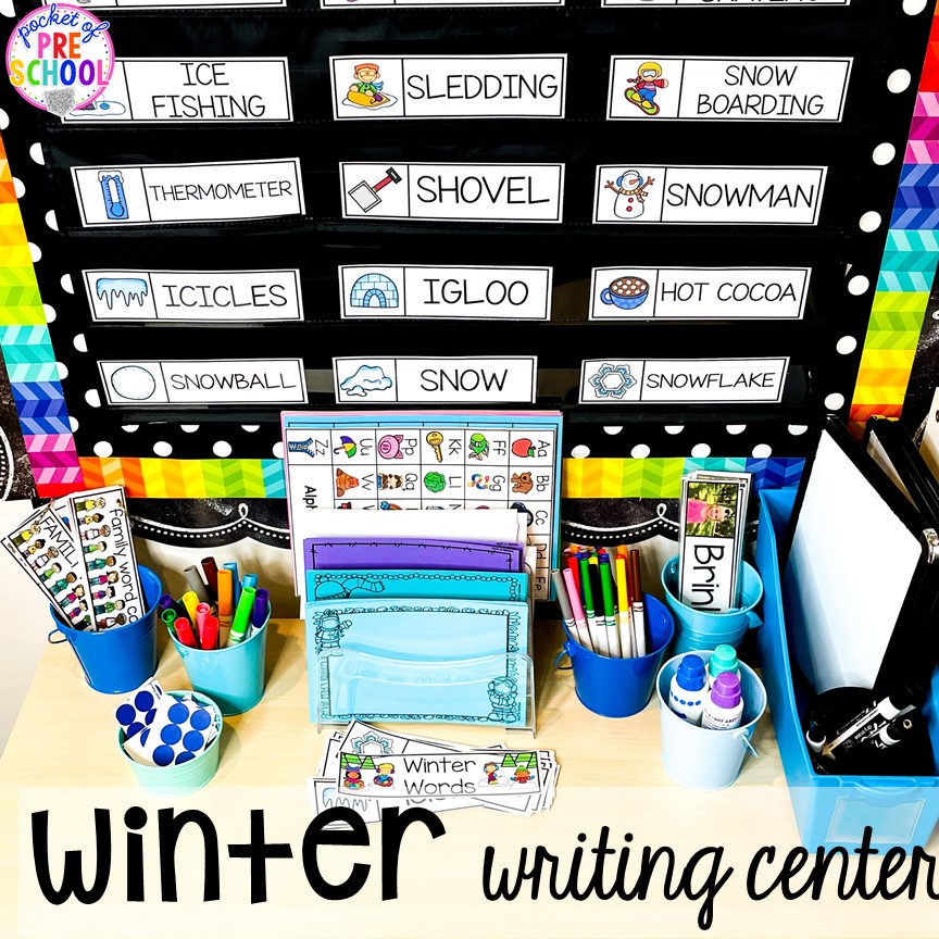 Winter writing center! Winter themed activities and centers for a preschool, pre-k. or kindergarten classroom. #winteractivities #wintercenters #preschool #prek 