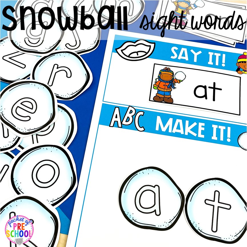 Winter snowball sight words game! Winter themed activities and centers for a preschool, pre-k. or kindergarten classroom. #winteractivities #wintercenters #preschool #prek