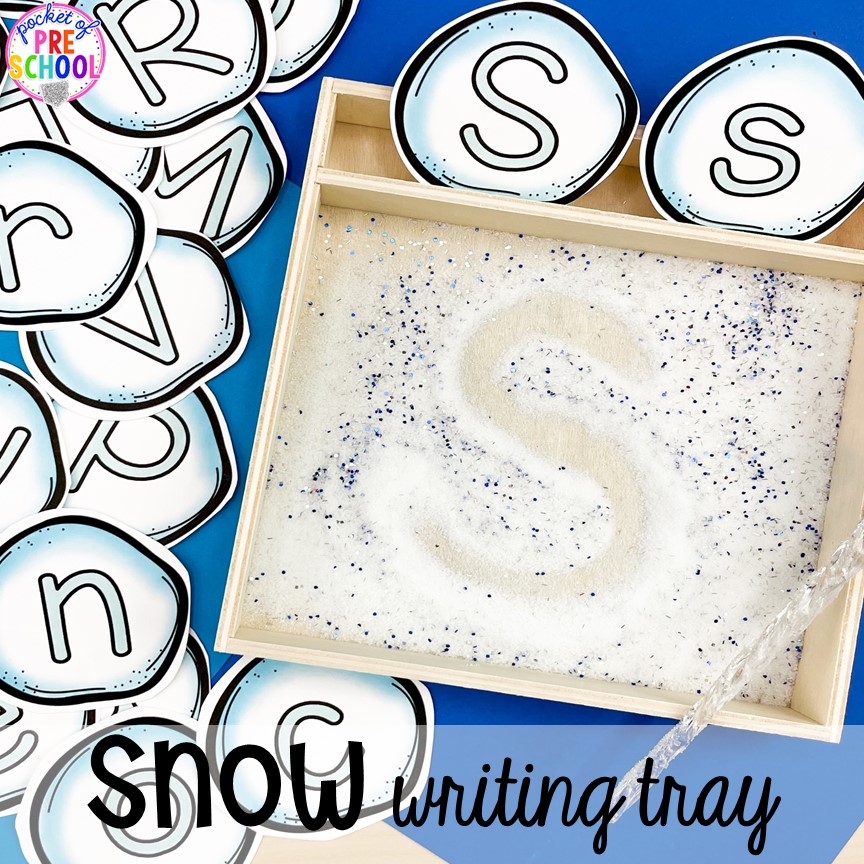 Snow sensory writing tray! Winter themed activities and centers for a preschool, pre-k. or kindergarten classroom. #winteractivities #wintercenters #preschool #prek 