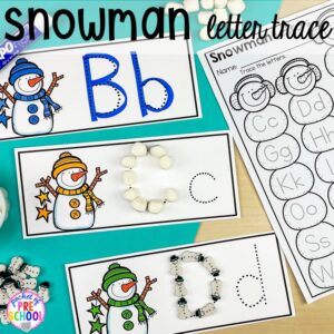 Make and build snowman letters with manipulatives. Winter themed activities and centers for a preschool, pre-k. or kindergarten classroom. #winteractivities #wintercenters #preschool #prek