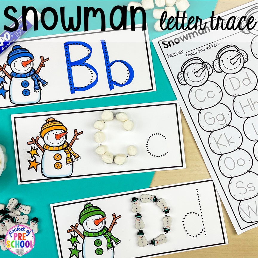 Make and build snowman letters with manipulatives. Winter themed activities and centers for a preschool, pre-k. or kindergarten classroom. #winteractivities #wintercenters #preschool #prek 