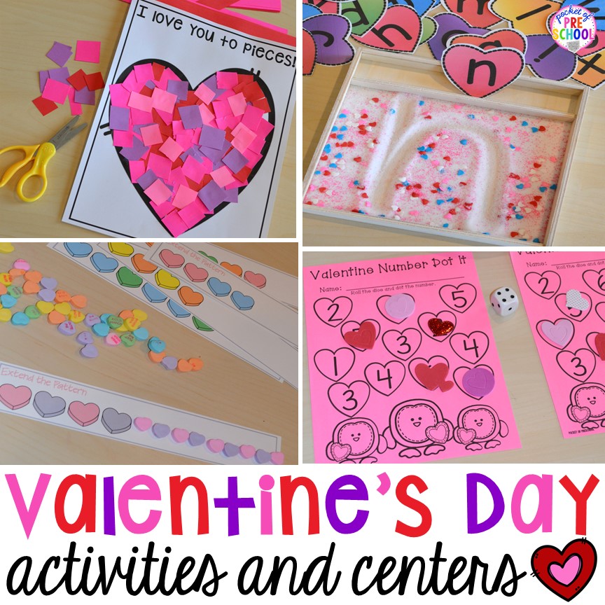 Candy Heart Pattern FREEBIE plus all my favorite Valentine's Day centers for themed writing, math, fine motor, sensory, literacy, and science activities for preschool and kindergarten.