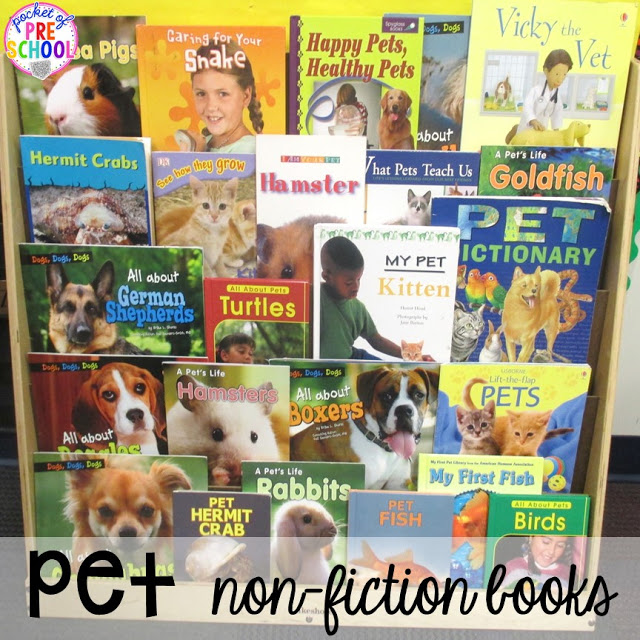 Pet themed activities and centers (freebies too) for preschool, pre-k, and kindergarten (math, writing, letters, rhyme, sensory, art, blocks, STEM, dramatic play).