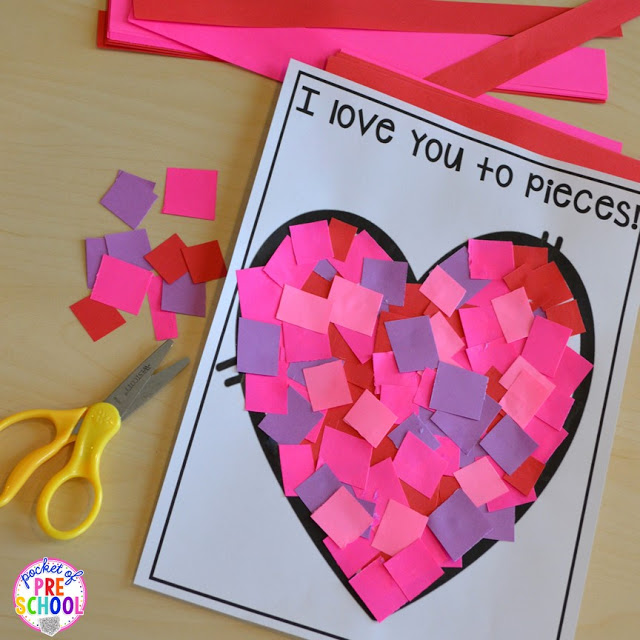 Love scissor skills craft plus all my favorite Valentine's Day themed writing, math, fine motor, sensory, literacy, and science activities for preschool and kindergarten.
