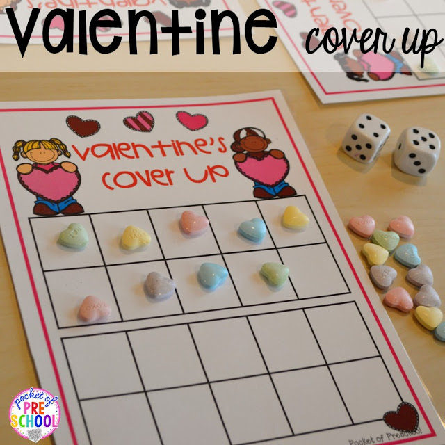 Valentine's Day cover up counting game plus all my favorite Valentine's Day themed writing, math, fine motor, sensory, literacy, and science activities for preschool and kindergarten.