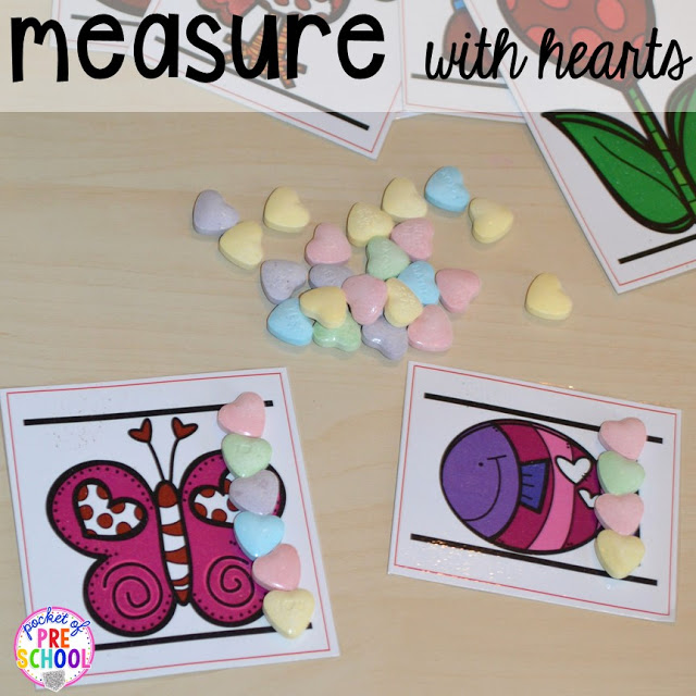 Candy Heart measure plus all my favorite Valentine's Day themed writing, math, fine motor, sensory, literacy, and science activities for preschool and kindergarten.