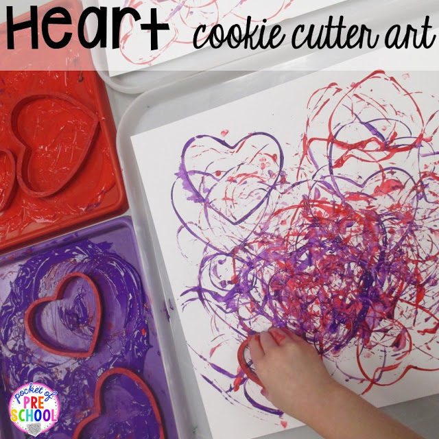 Heart cookie cutter art plus all my favorite Valentine's Day themed writing, math, fine motor, sensory, literacy, and science activities for preschool and kindergarten.