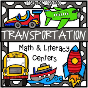 Math and literacy centers with a transportation theme for your preschool, pre-k, or kindergarten students