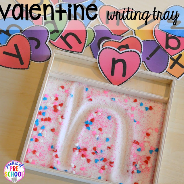 Valentine's writing tray plus all my favorite Valentine's Day themed writing, math, fine motor, sensory, literacy, and science activities for preschool and kindergarten.