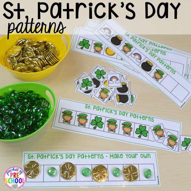 St. Patrick's Day pattern activity plus FREE ten frame shamrock cards for preschool, pre-k, and kindergarten. A fun way to practice patterns.