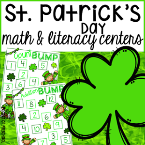 Math and literacy centers with a St. Patrick's theme designed for preschool, pre-k, and kindergarten students